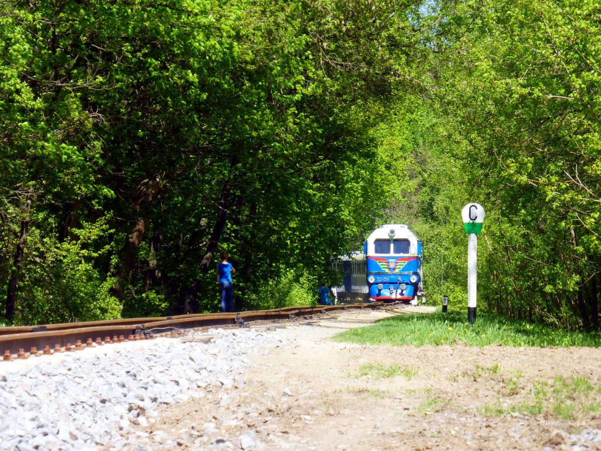 ТУ2-054 с поездом 'Украина' на перегоне - стык старого участка на деревянных шпалах - и нового 'бетонного'