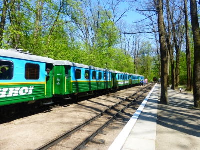 Вагоны поезда 'Юность Южной' на втором пути ст. Лесопарк, по первому пути проводит маневры ТУ7а-3198