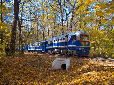 ТУ2-054 с поездом 'Украина' из вагонов Pafawag следует в чётную сторону по третьему километру Малой Южной железной дороги.